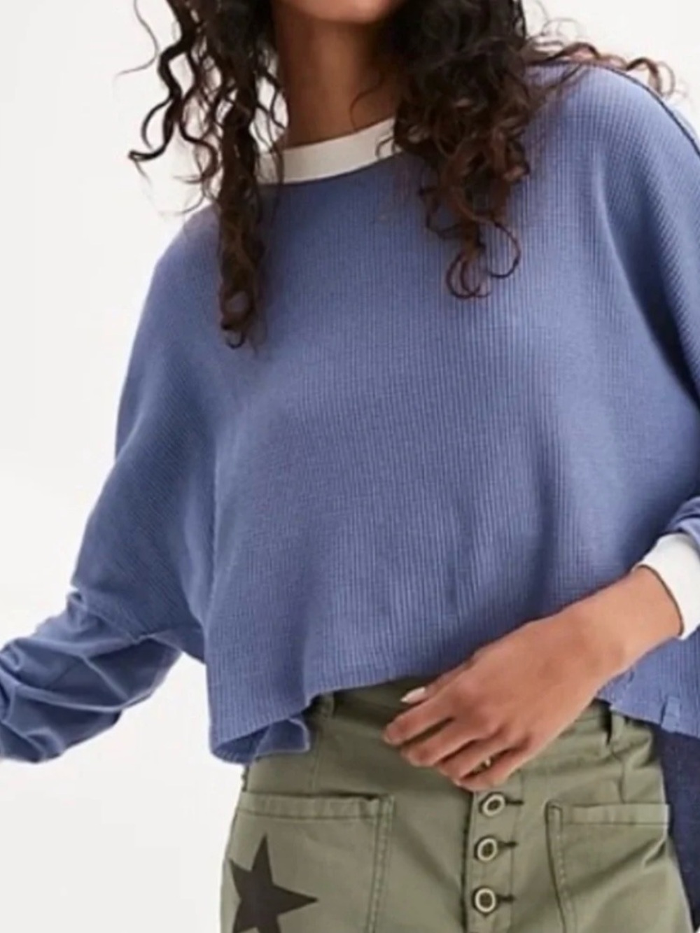 Free People We The Free Waffle Knit High Low Blue Long Sleeve Crop Top Size L